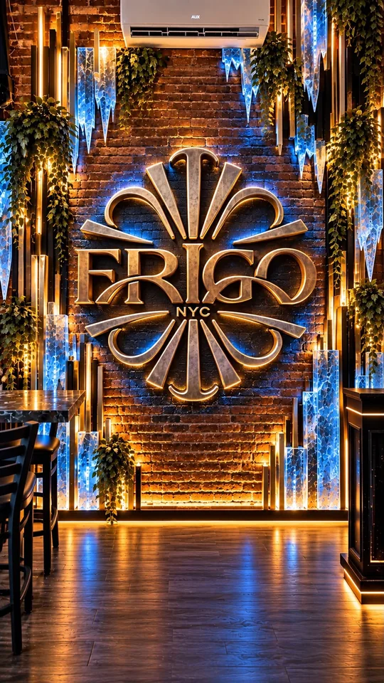 Muro con el emblema FRIGO NYC sobre ladrillo, con plantas y columnas de cristal iluminado en azul